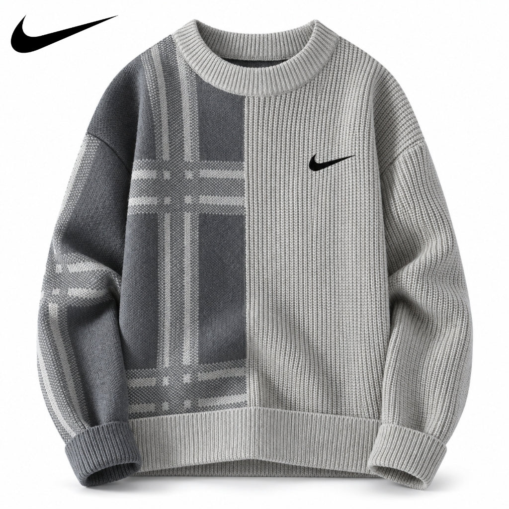 Split-Panel Plaid Knit Sweater