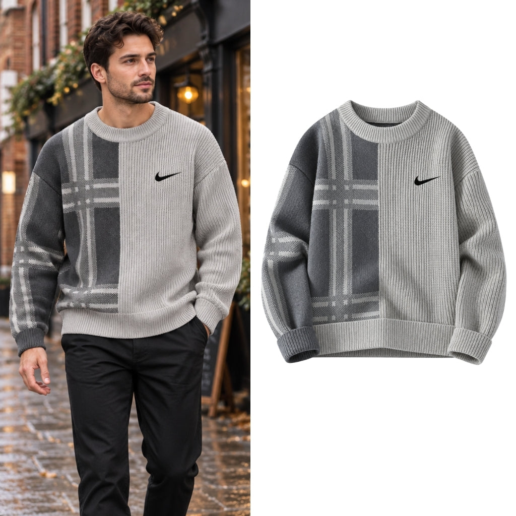 Split-Panel Plaid Knit Sweater
