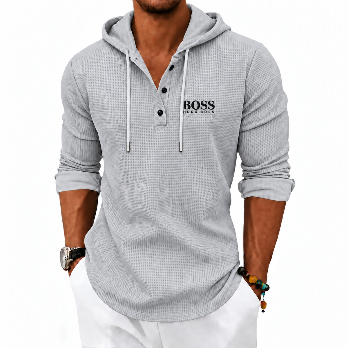 Men's Textured Hooded Henley Top