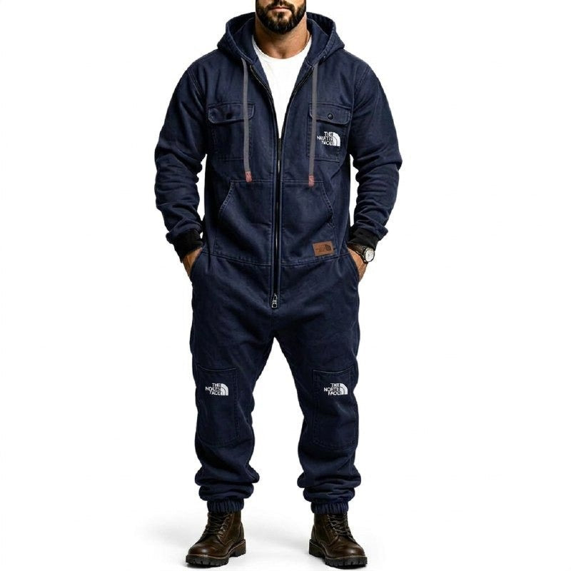 Men's Hooded Cargo Jumpsuit – Zip-Front Multi-Pocket Utility Coverall