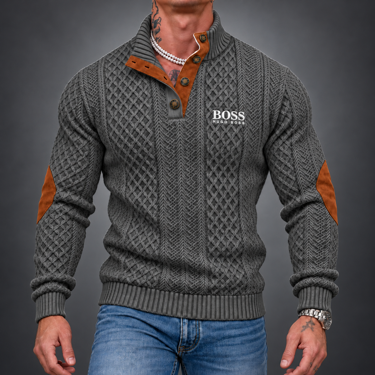 Men's Textured Button-Neck Sweater