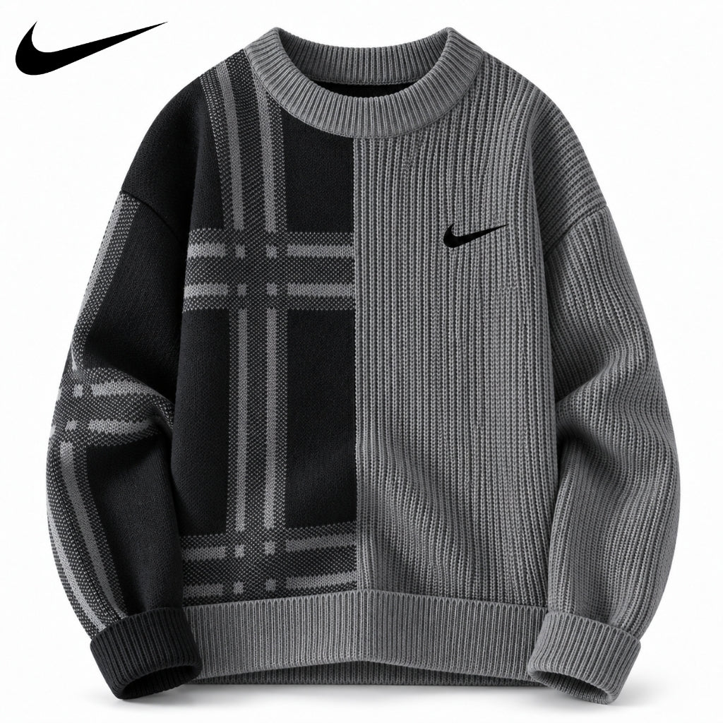 Split-Panel Plaid Knit Sweater