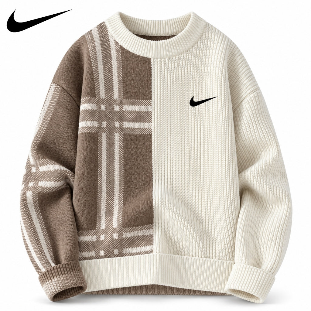 Split-Panel Plaid Knit Sweater