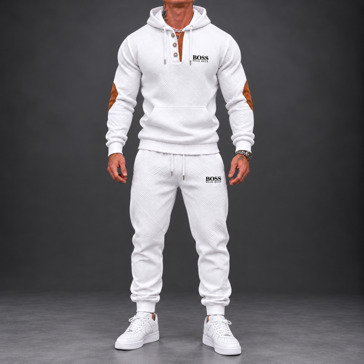 Men's Textured Three-Button Hooded Tracksuit