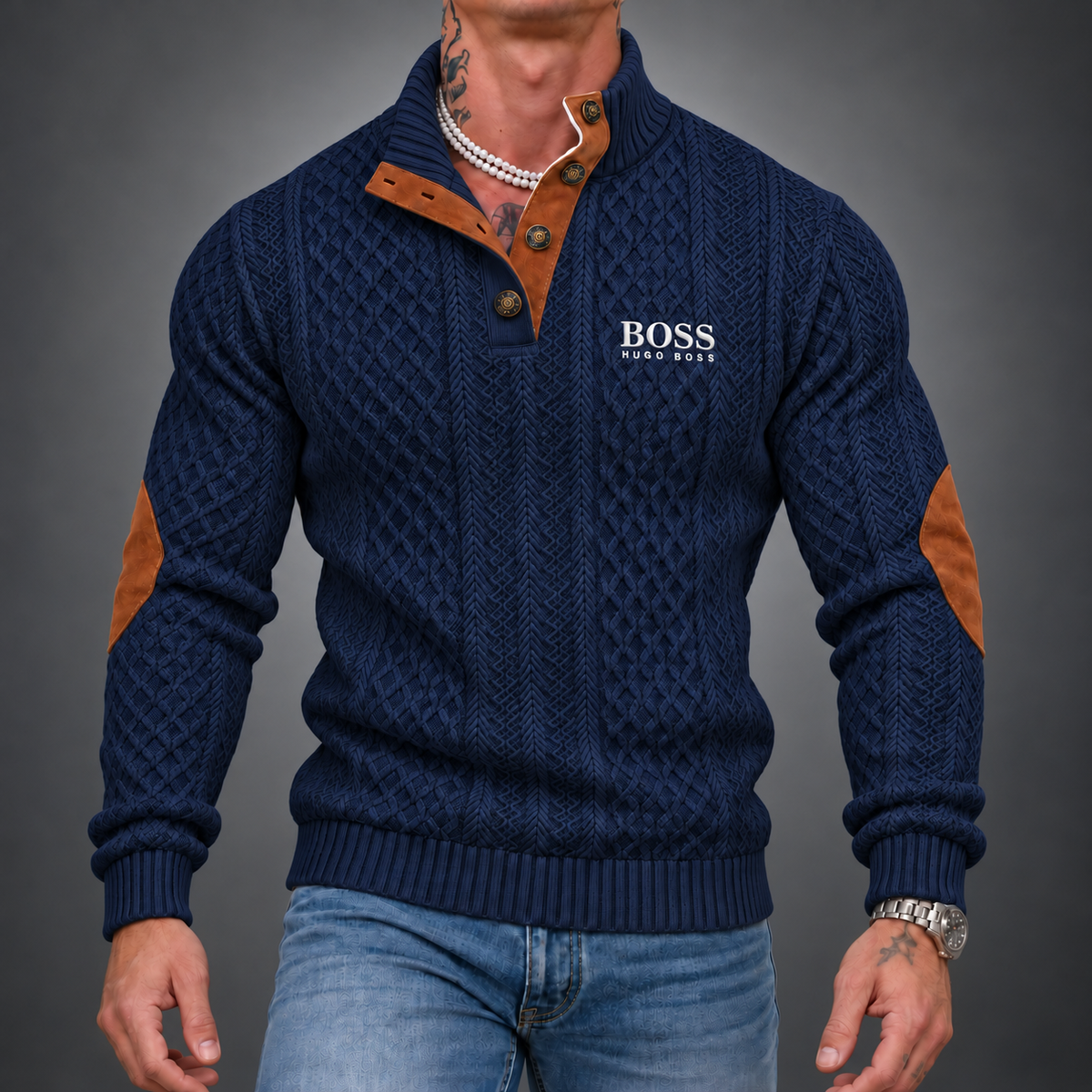 Men's Textured Button-Neck Sweater
