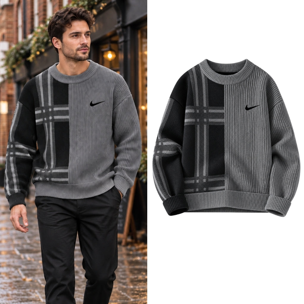 Split-Panel Plaid Knit Sweater