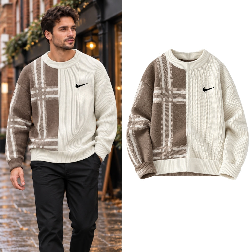 Split-Panel Plaid Knit Sweater