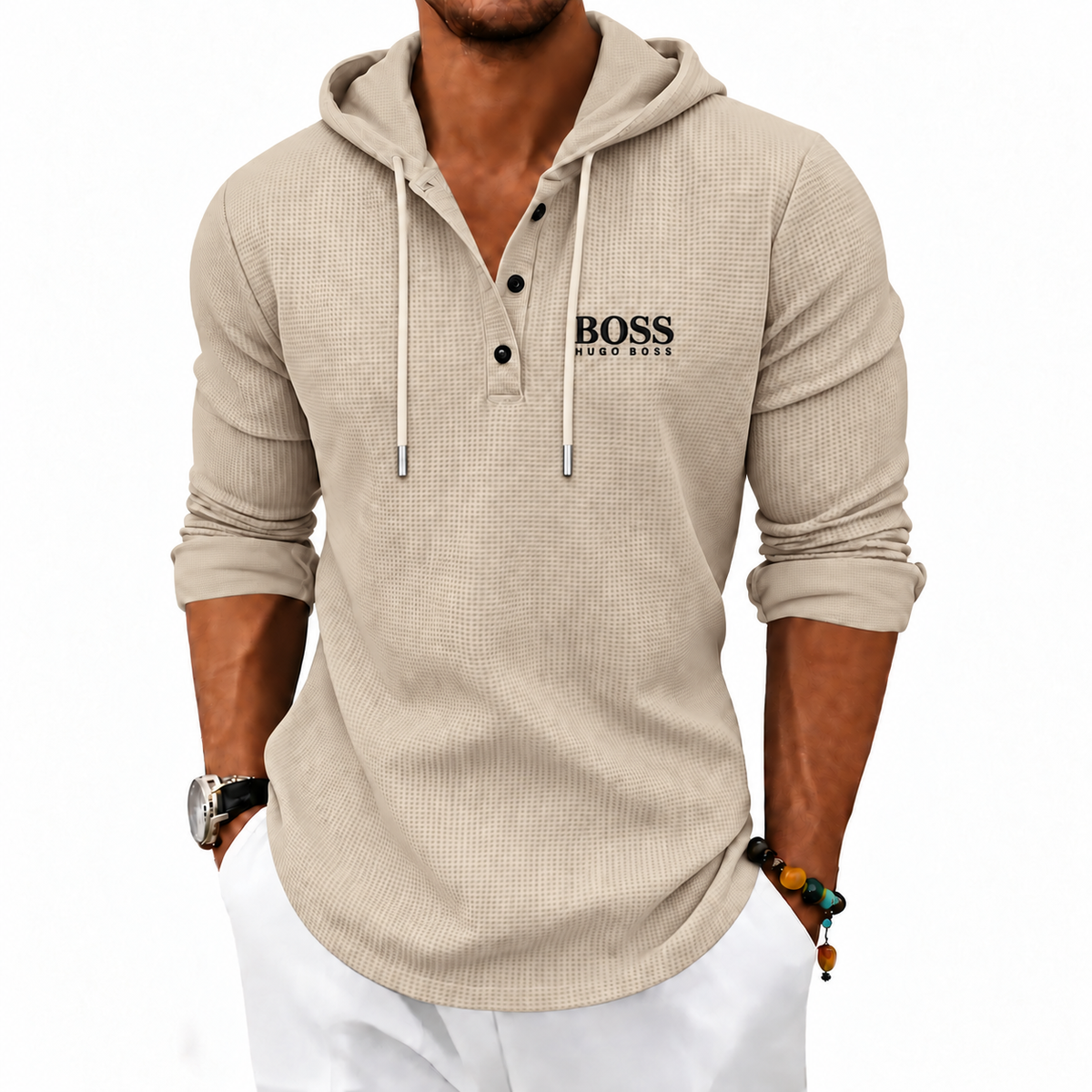 Men's Textured Hooded Henley Top