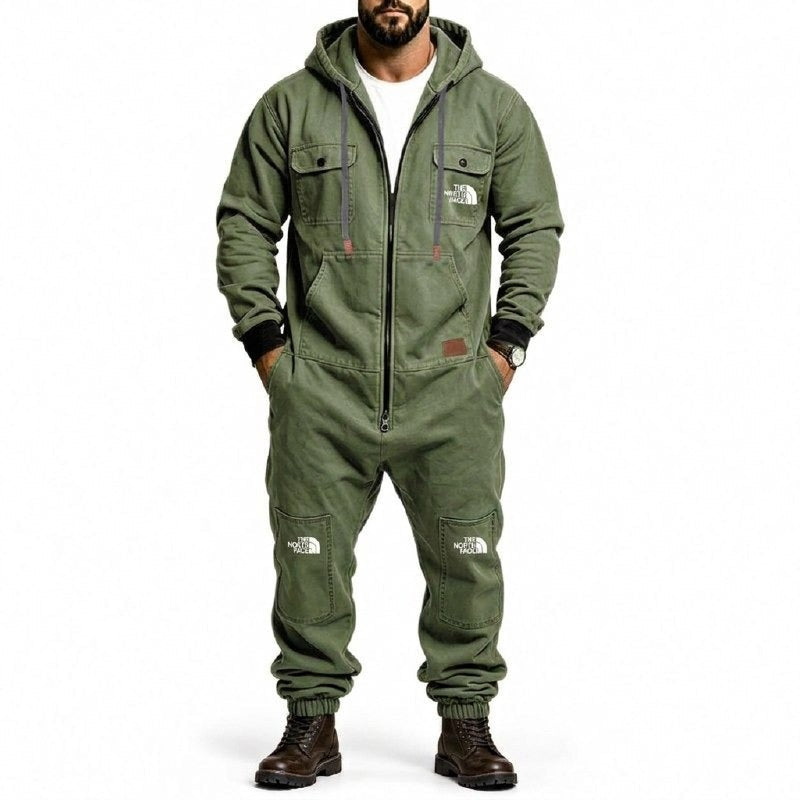 Men's Hooded Cargo Jumpsuit – Zip-Front Multi-Pocket Utility Coverall