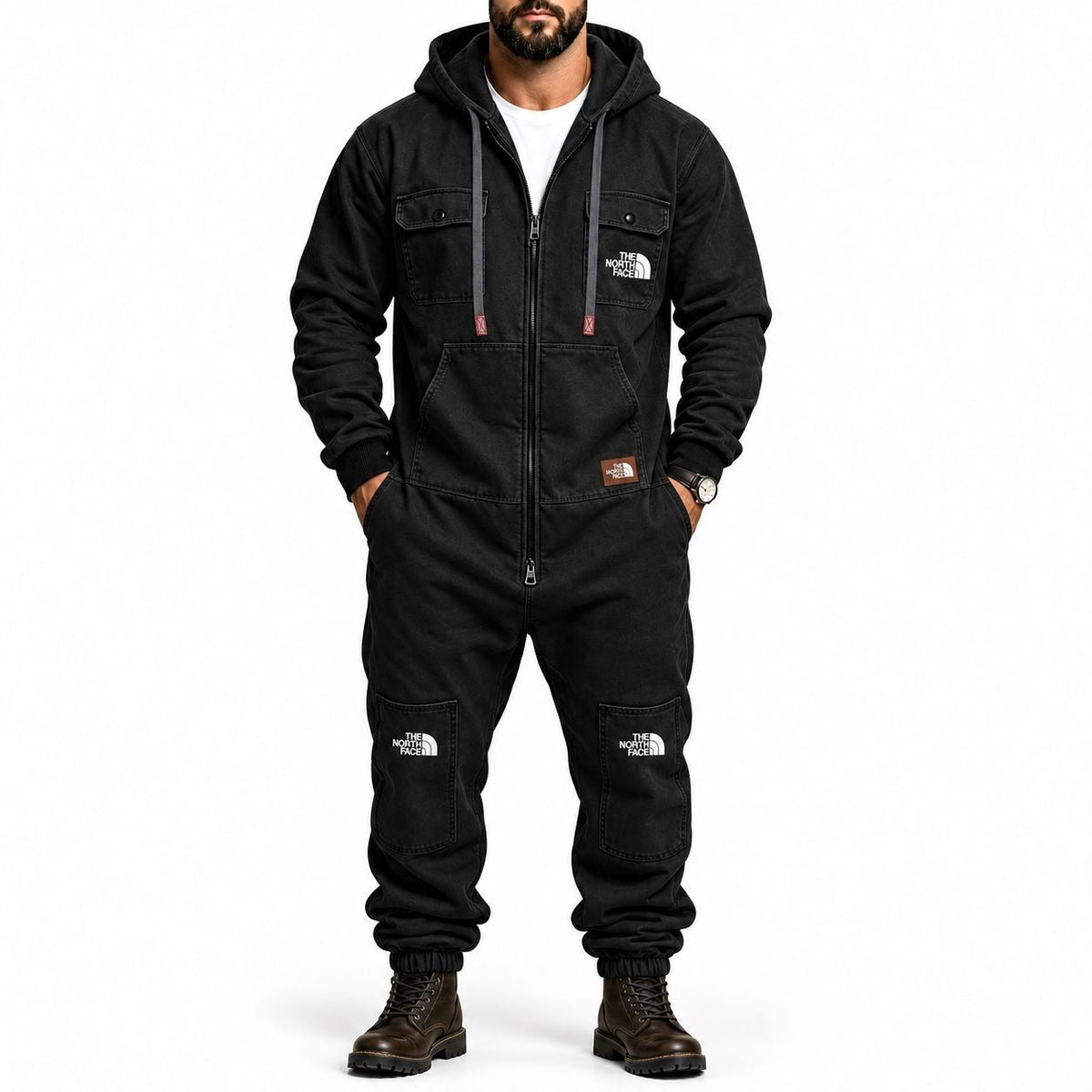 Men's Hooded Cargo Jumpsuit – Zip-Front Multi-Pocket Utility Coverall